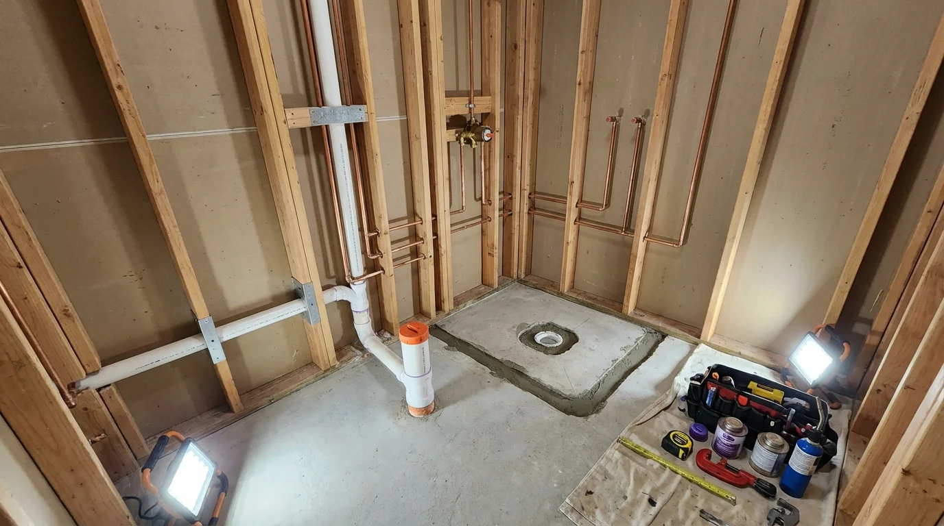Bathroom rough-in plumbing during remodel by Johns Plumbing LLC in Charlemont