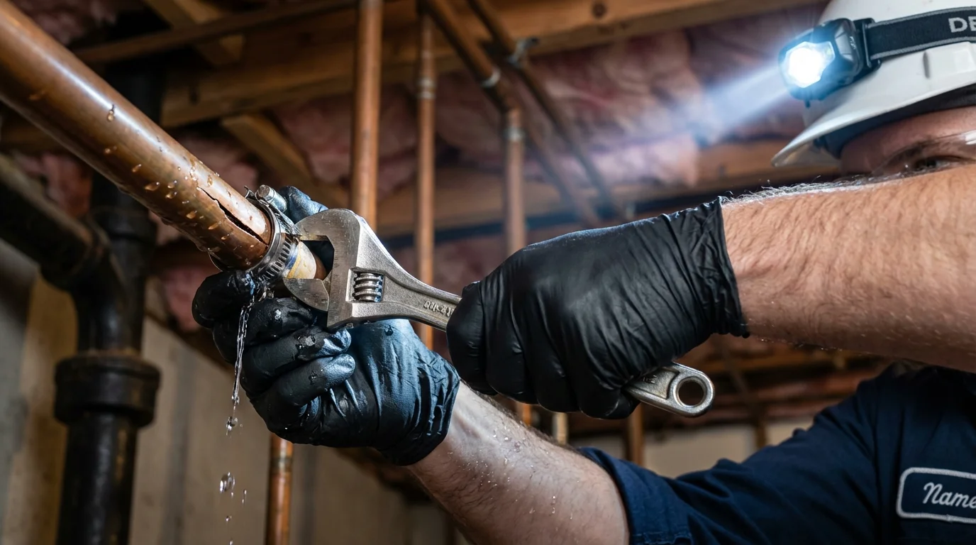 Emergency pipe clamp repair being performed by a Johns Plumbing LLC plumber in Charlemont