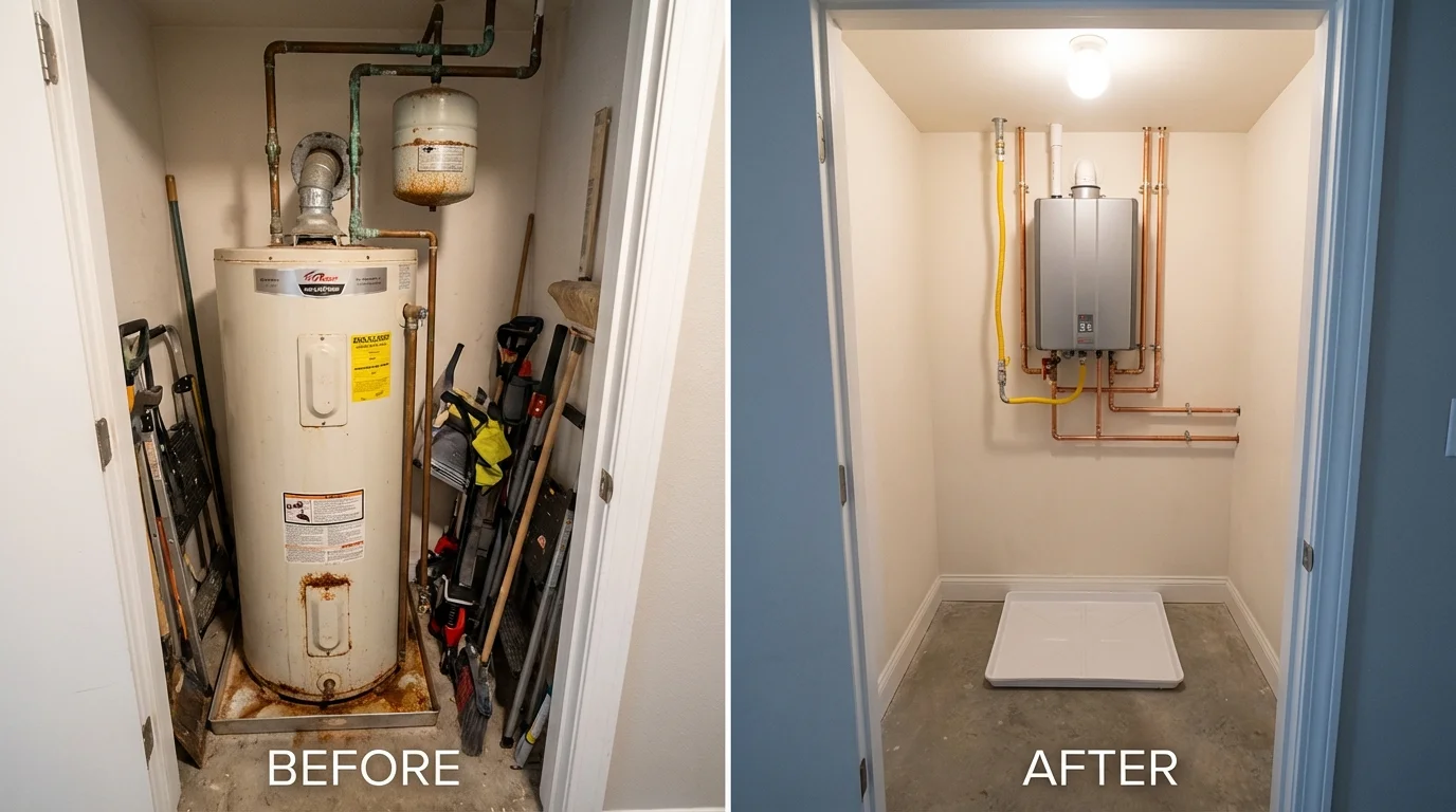 Tank water heater versus wall-mounted tankless unit comparison for Charlemont, MA homeowners