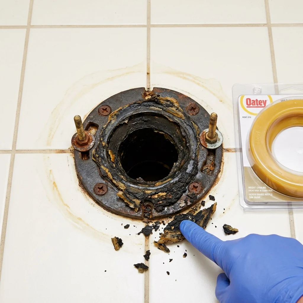 Failed wax ring showing water seepage at the base of a toilet in a Charlemont, MA home