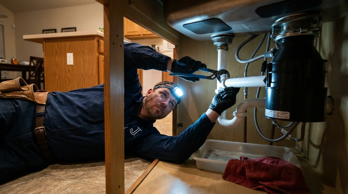 P-trap and supply line connections under a kitchen sink showing a common leak point in Charlemont, MA